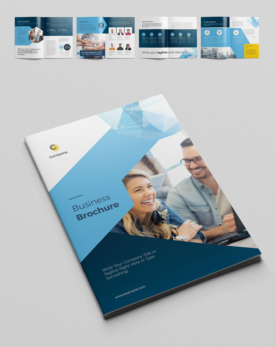Brochure Layout with Blue Geometric Elements