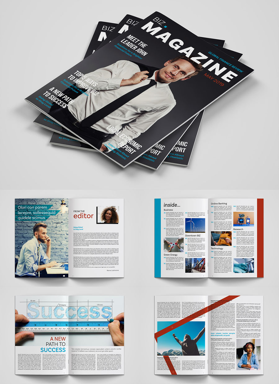 Business Magazine Layout with Blue and Red Accents