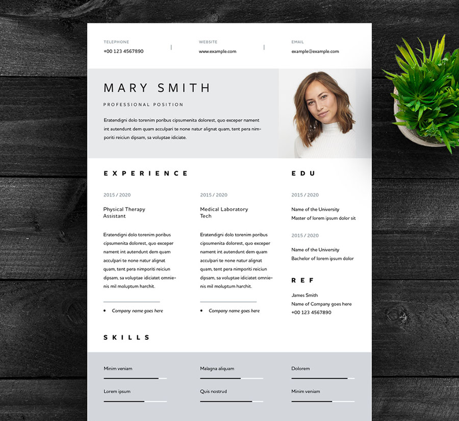 Resume Layout with Gray Header and Footer