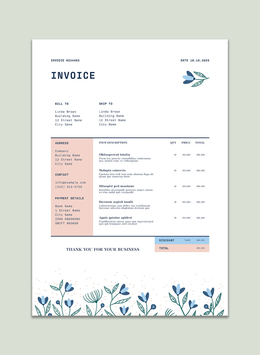 Invoice Layout with Floral Illustrations