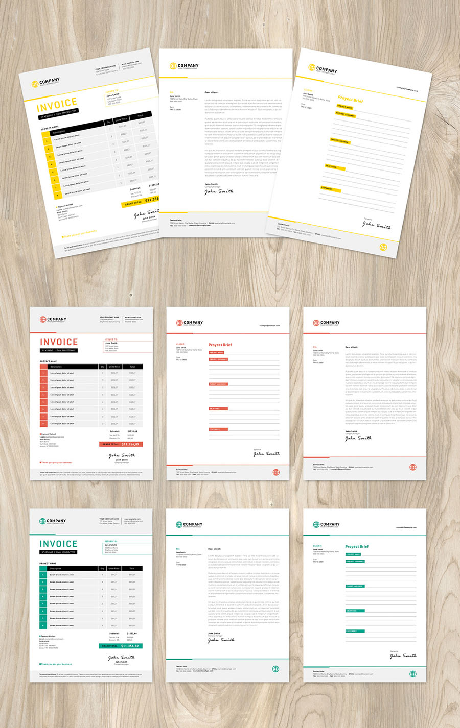 Client Invoice, Letter and Project Brief Layout with Various Color Options