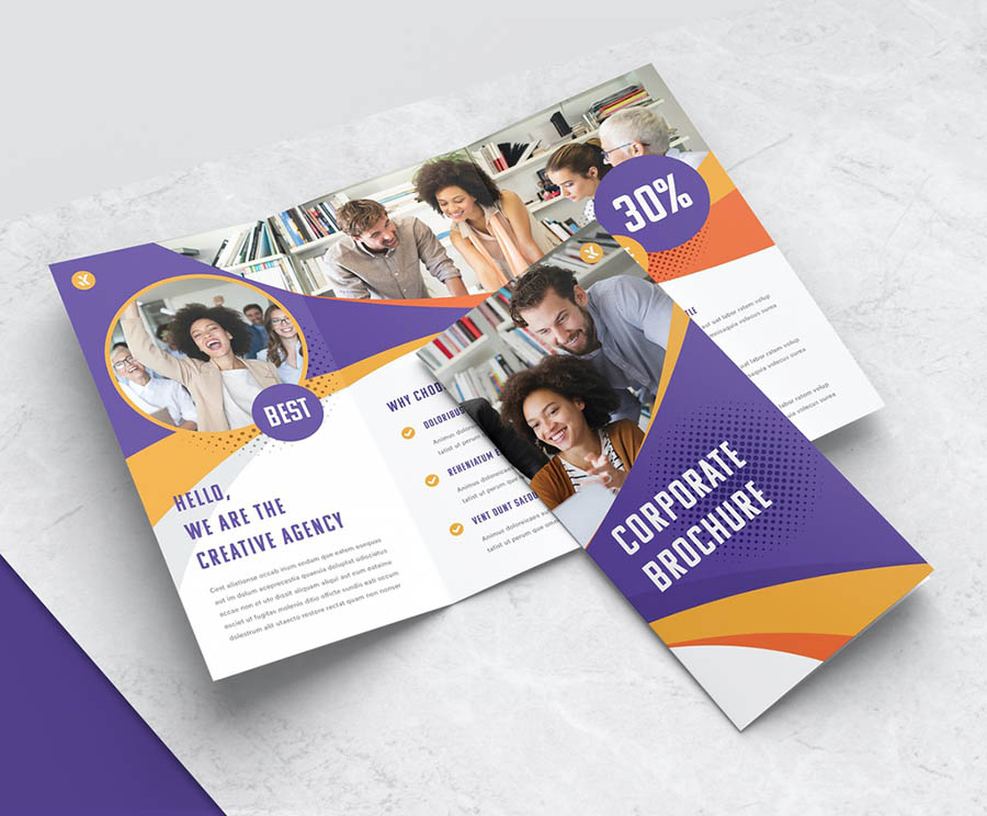 Trifold Business Brochure Layout with Purple and Yellow Accents