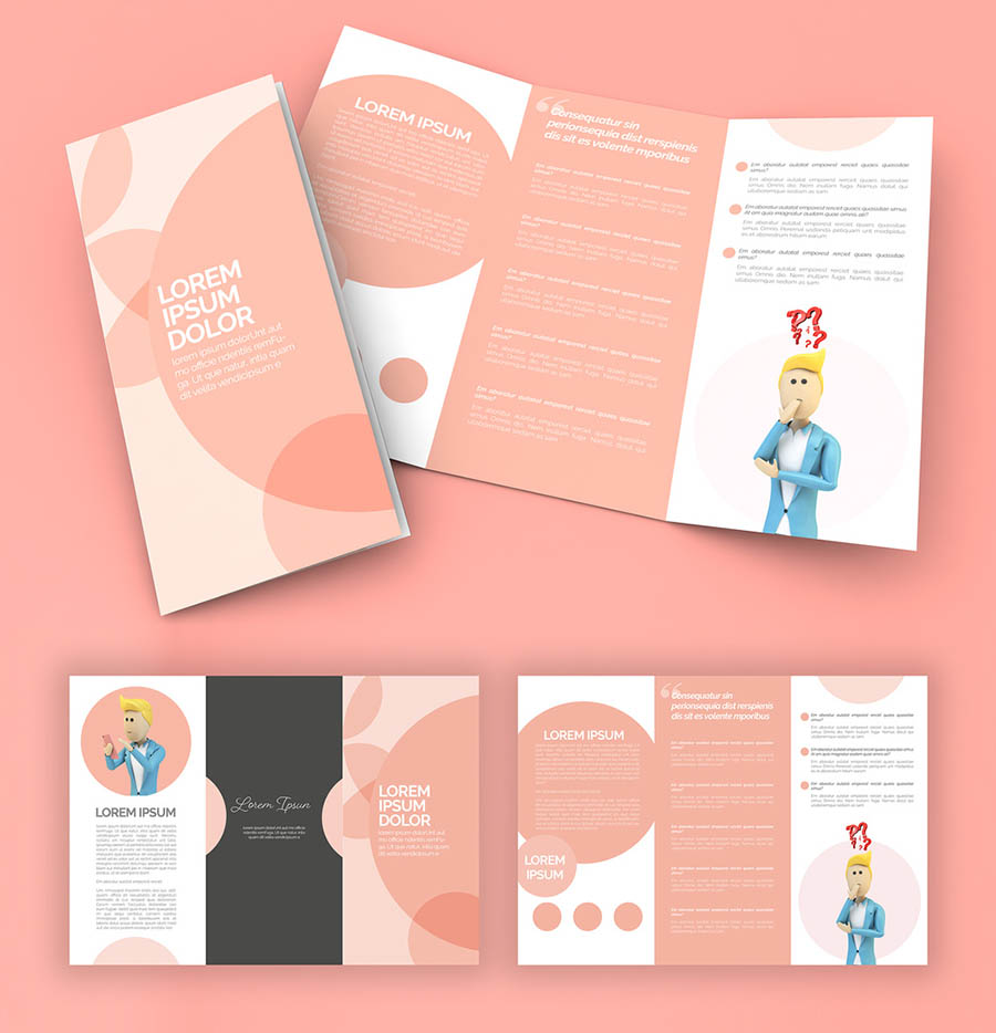 Trifold Brochure Layout with Pink Accents and Business Illustrations