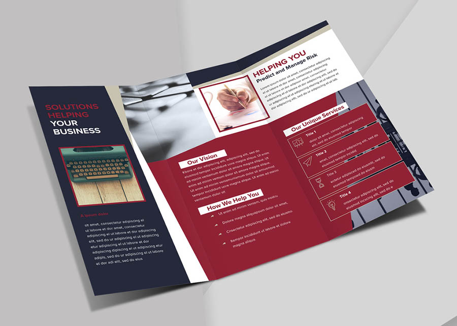 Trifold Brochure Layout with Dark Navy and Maroon Accents