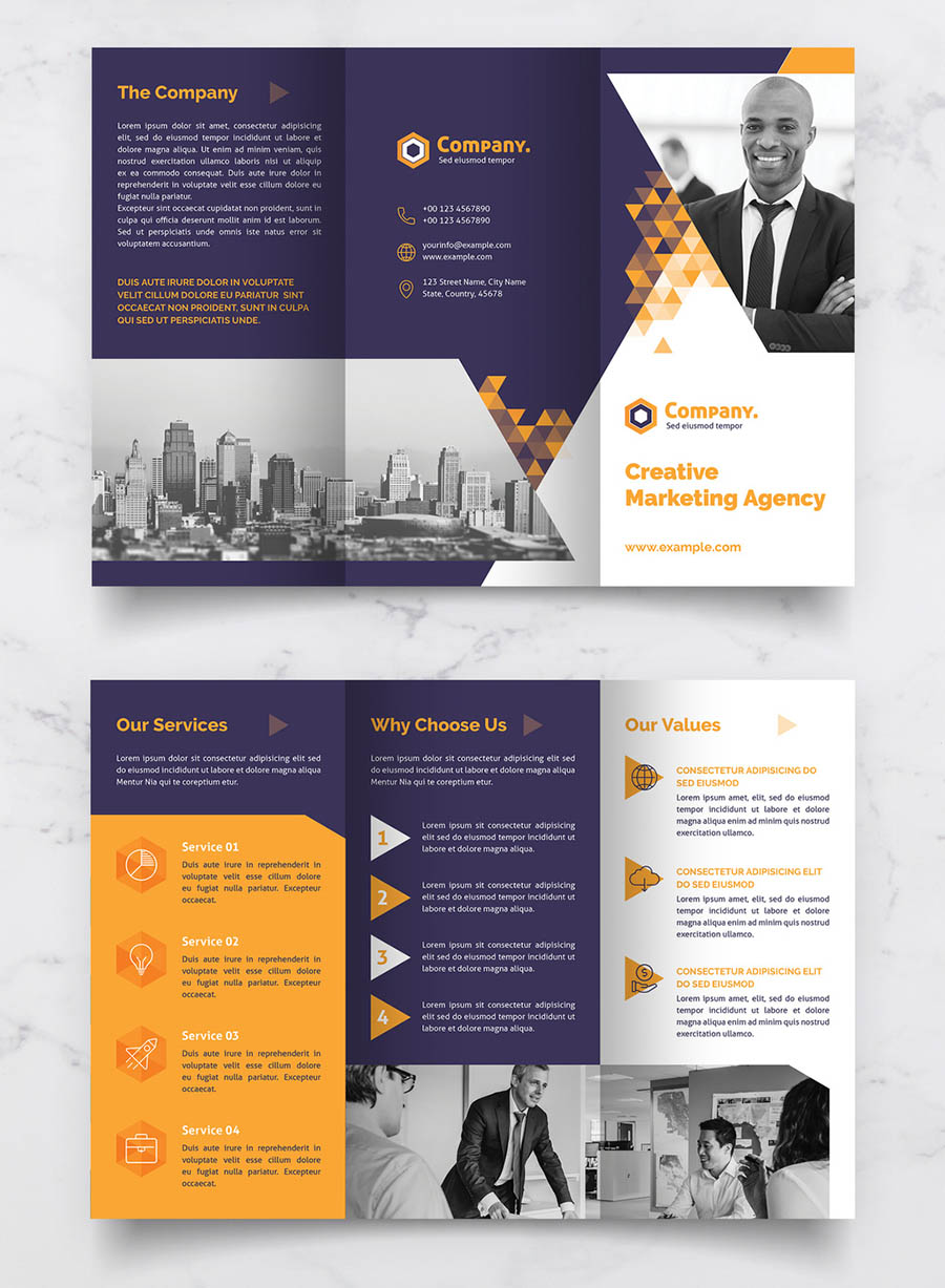 Trifold Brochure Layout with Yellow Gradient Triangle Elements