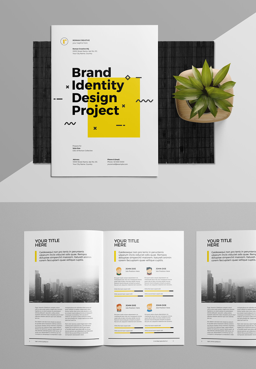 Brand Identity and Proposal Layout with Yellow Accents