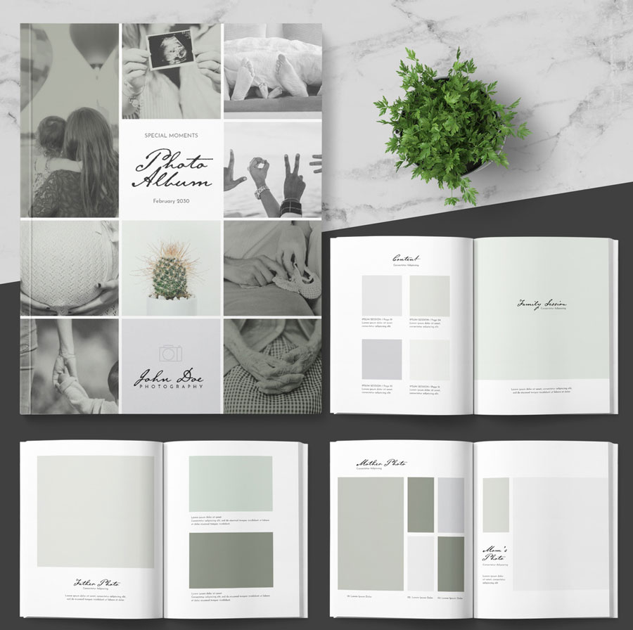 Photo Album Layout with Green Accents