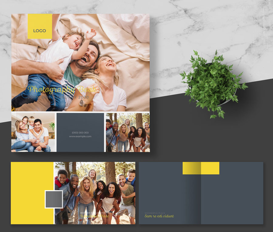 Square Photography Album Layout with Dark Green and Yellow Accents