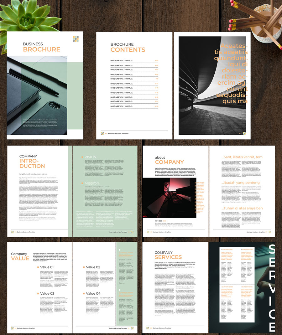 Magazine Layout for CANVA, INDDBusiness Brochure Layout with Green and Orange Accents