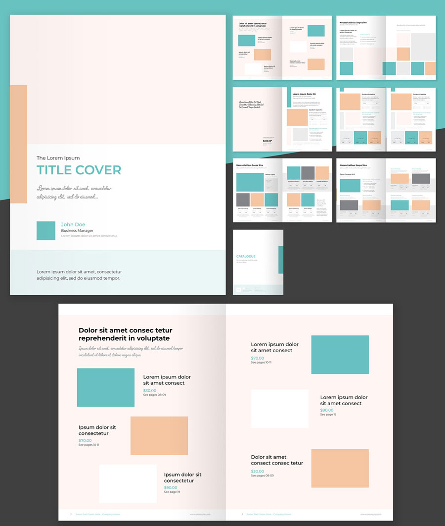 Catalog Layout with Orange and Teal Elements