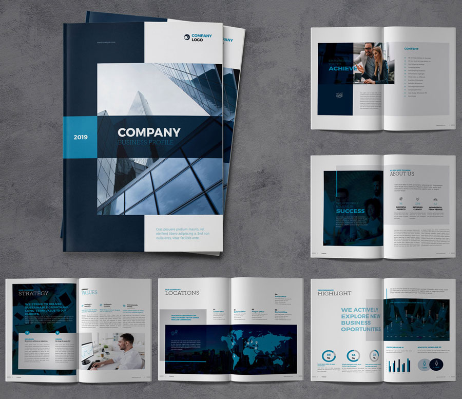 Company Profile Brochure Layout with Dark Blue Accents