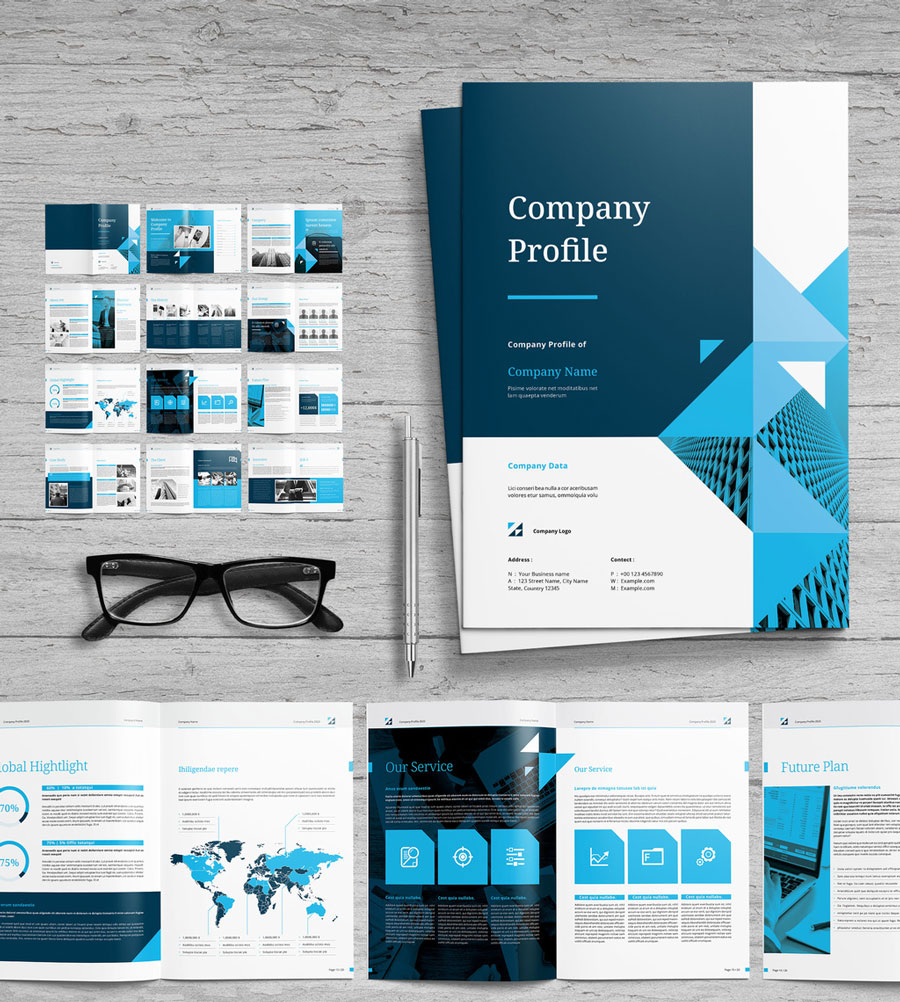 Company Profile Layout with Blue Accents