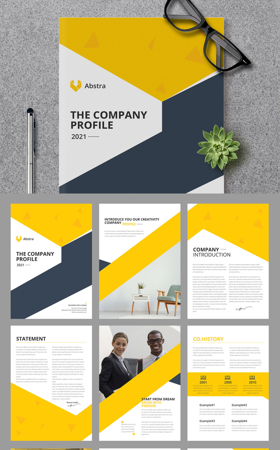 Company Profile Layout with Yellow Accents