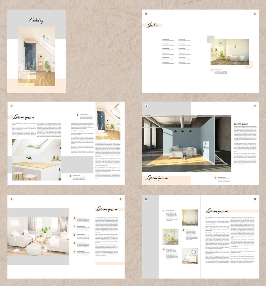 Furniture Catalog Layout with Grey and Pale Orange Accents