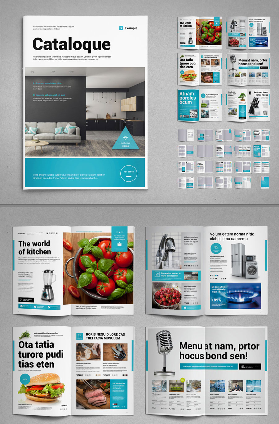 Product Catalog Layout in Black and White with Cyan Accents