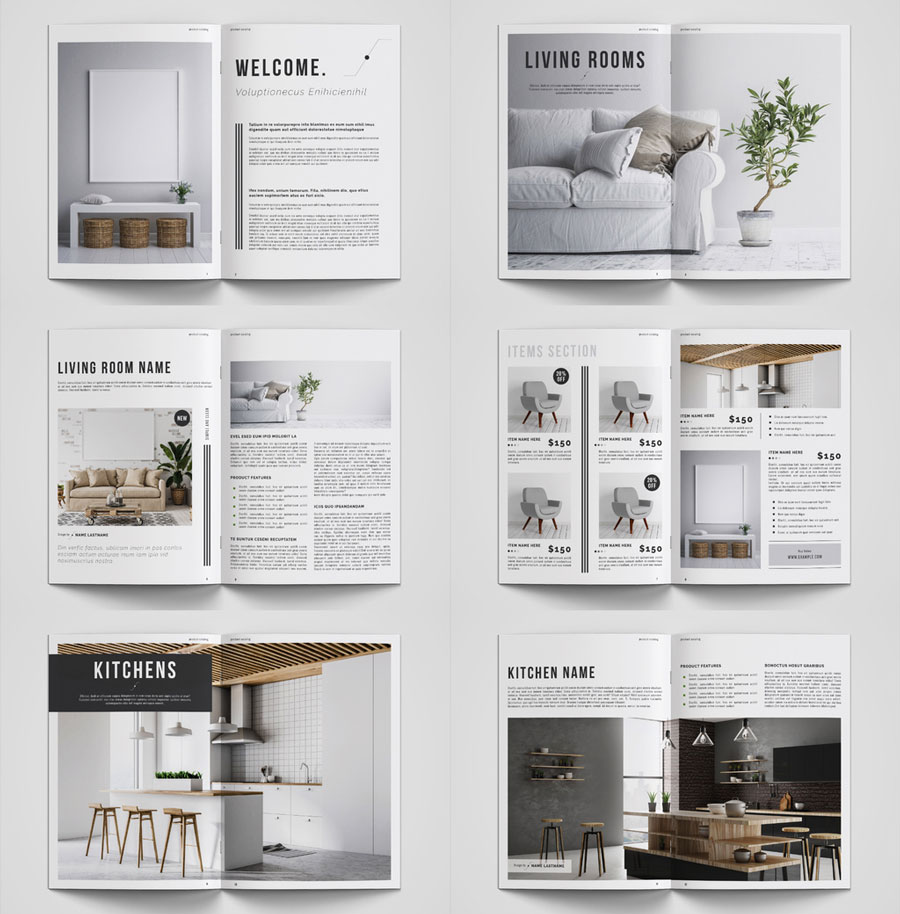 Product Catalog Layout with Green and Gray Accents