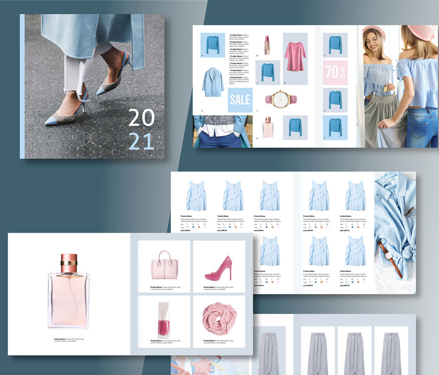 Square Product Catalog Layout with Gray and Blue Accents