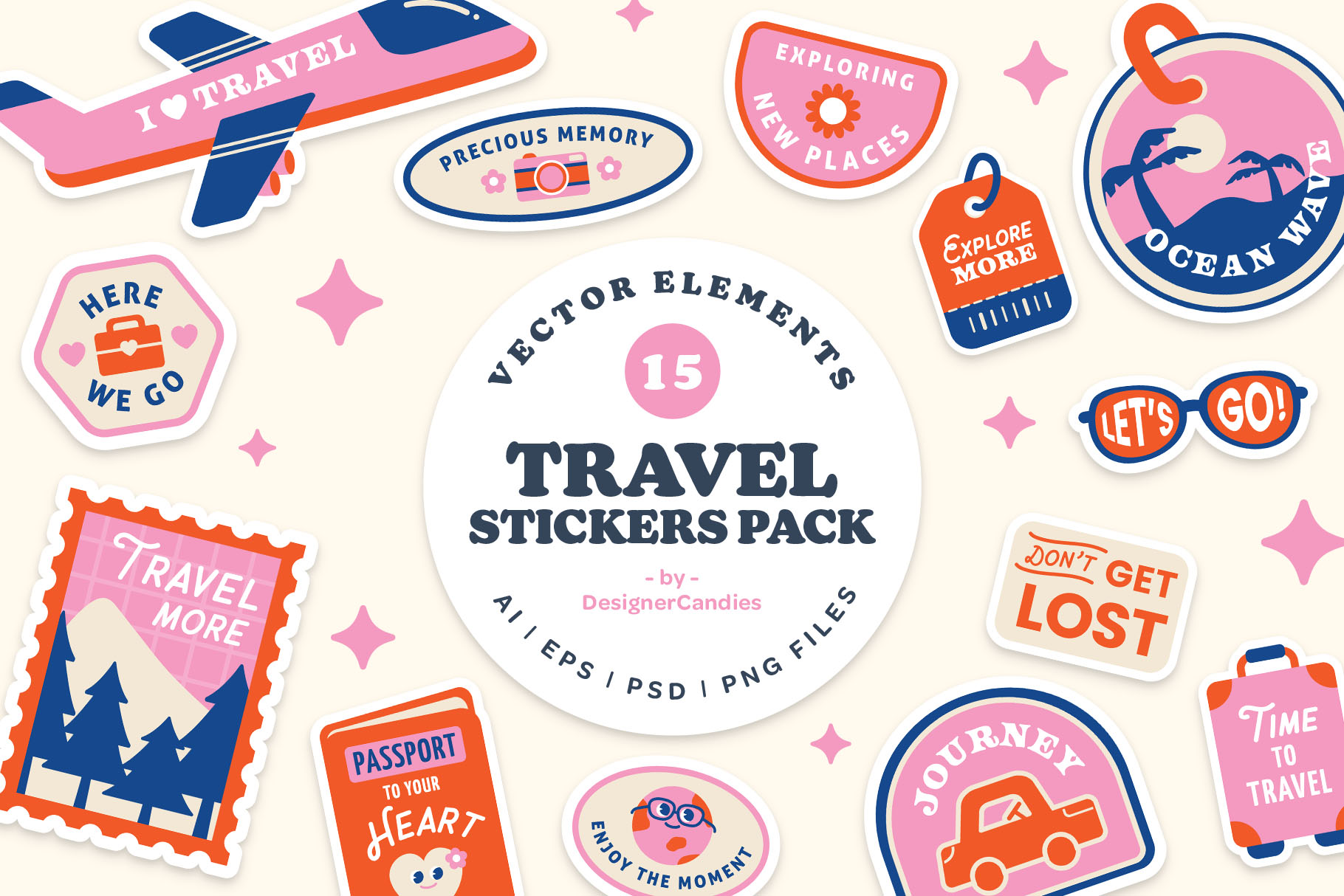 Travel Stickers Illustrations (PSD, AI, Vector Formats)