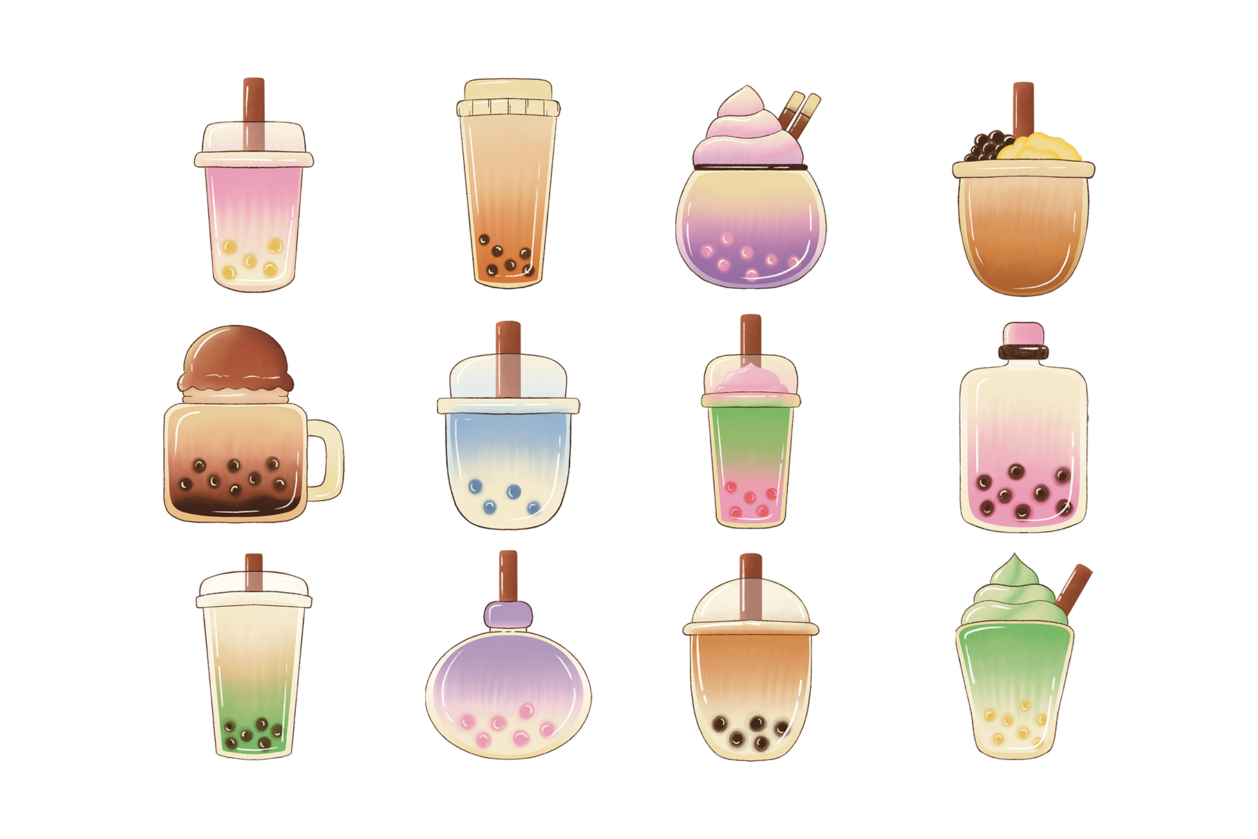 Boba Bubble Tea Clipart Icons (PSD, PNG Format) DesignerCandies