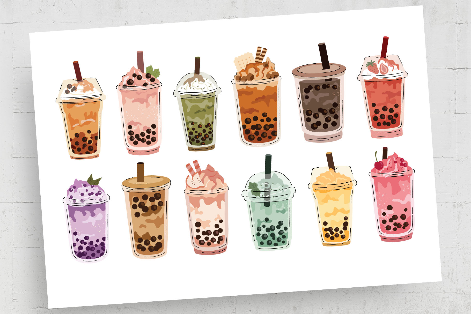 Boba Bubble Tea Flavors Illustration (AI, EPS Format) DesignerCandies