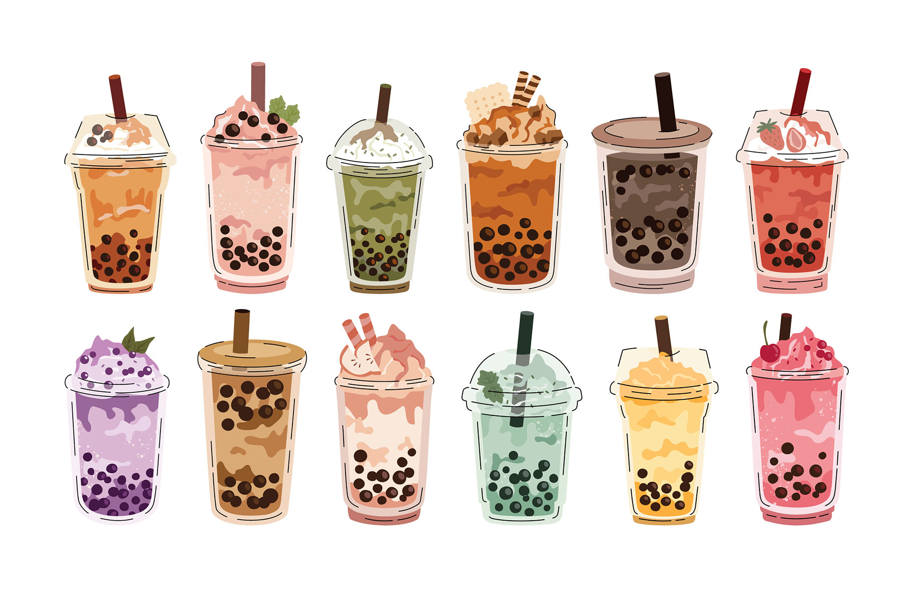 Boba Bubble Tea Flavors Illustration (AI, EPS Format) DesignerCandies