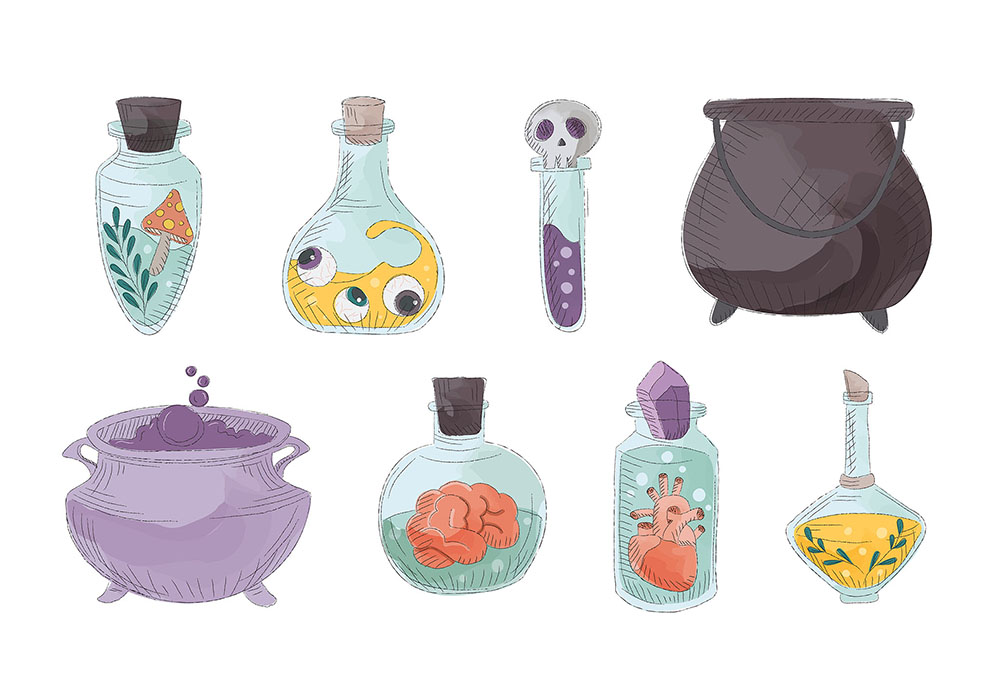Magic Potion Spell Jars Witch's Cauldron PNG Clipart Vector Illustration