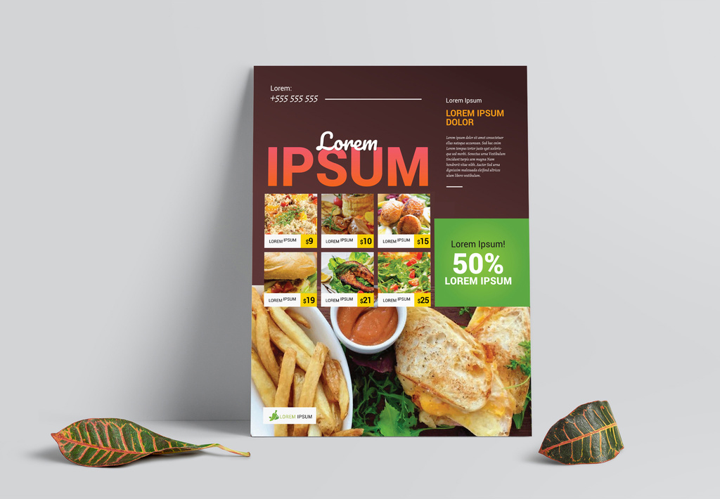 food-restaurant-brown-flyer-layout-with-yellow-and-green-accentst-illustrator