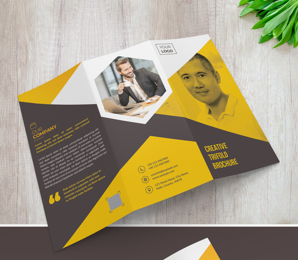 trifold-yellow-brochure-layout-hexagon-geometric-photo-masks-illustrator