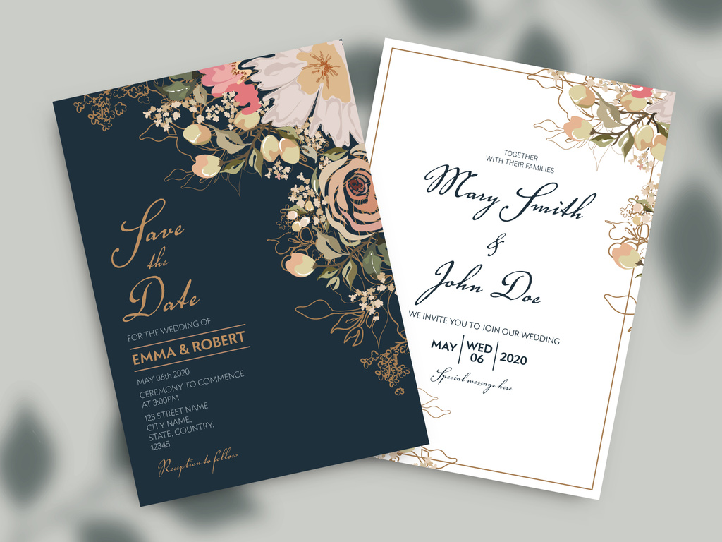 two-wedding-navy-blue-invitation-cards-with-watercolor-flowers-illustrator