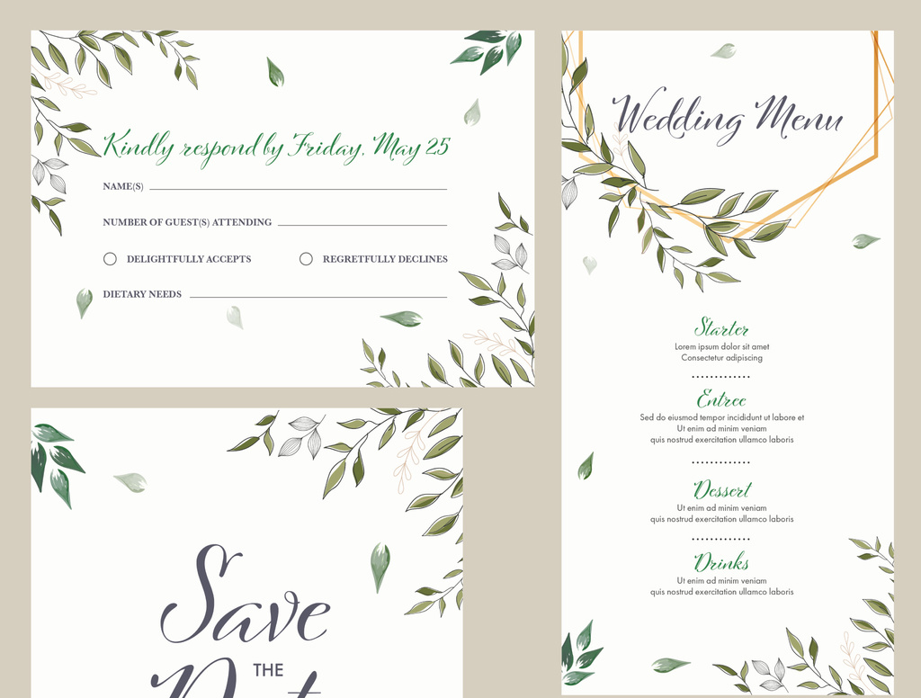 wedding-invitation-layout-set-with-green-leaves-illustrator
