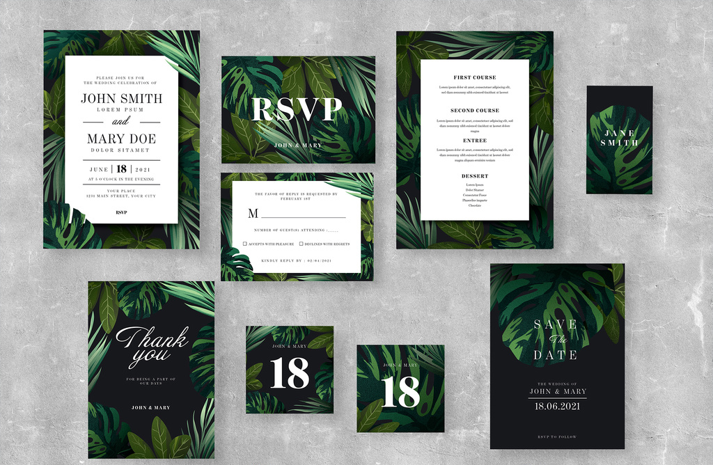 wedding-suite-layouts-with-illustrative-tropical-leaves-illustrator