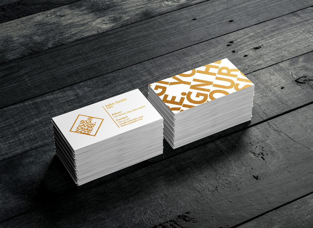 2 Stacks of Business Cards on Wooden Surface Mockup (PSD Format)