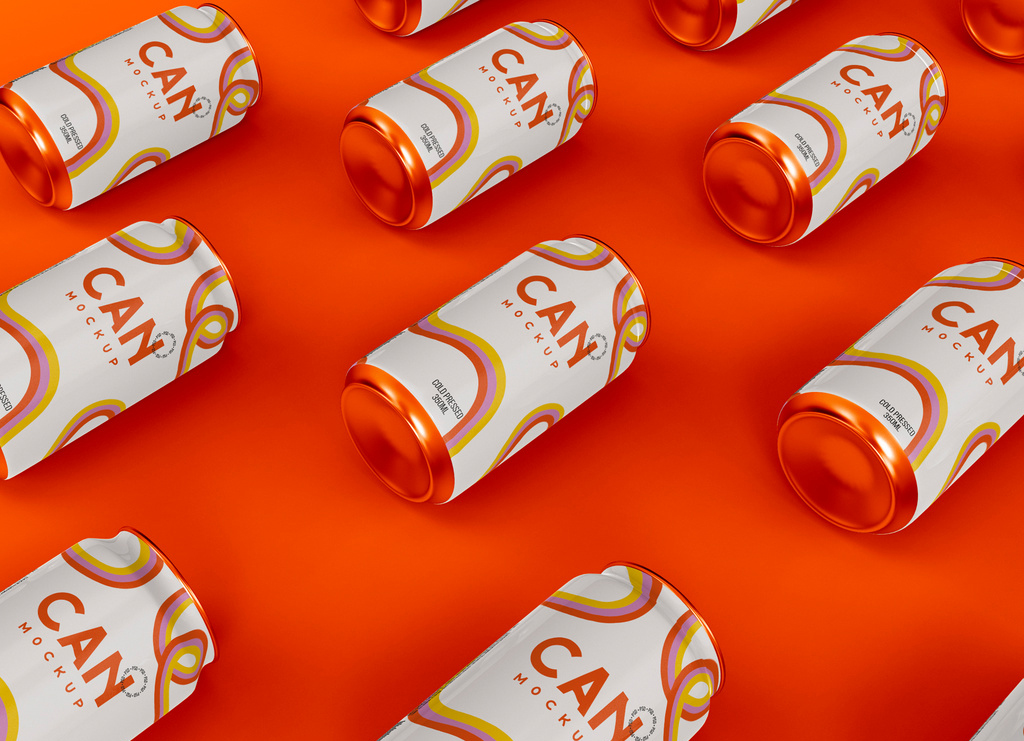 3D Array of Soda or Beer Cans Mockup (PSD Format)