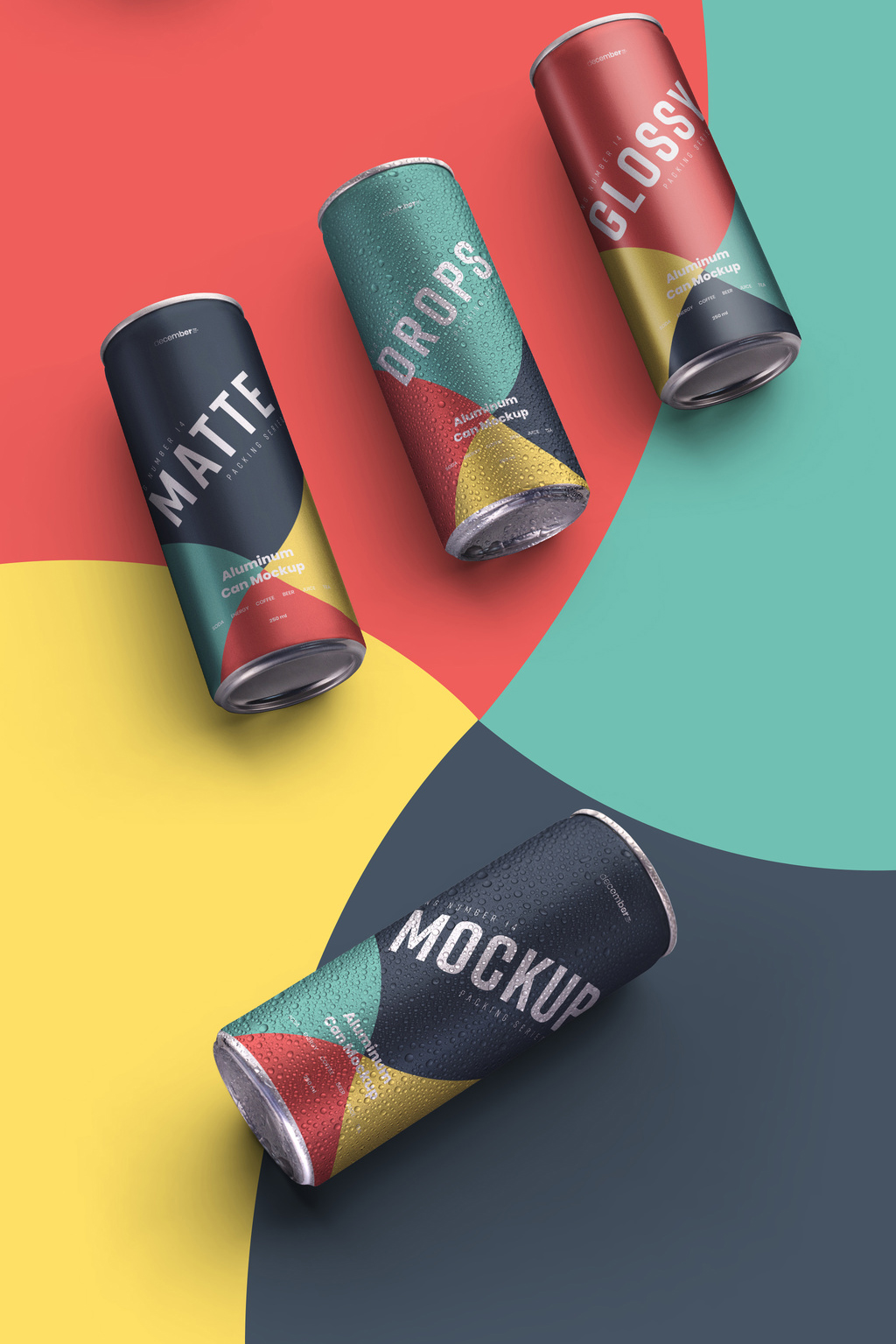 4 Aluminum Cans with Water Drops Mockup (PSD Format)