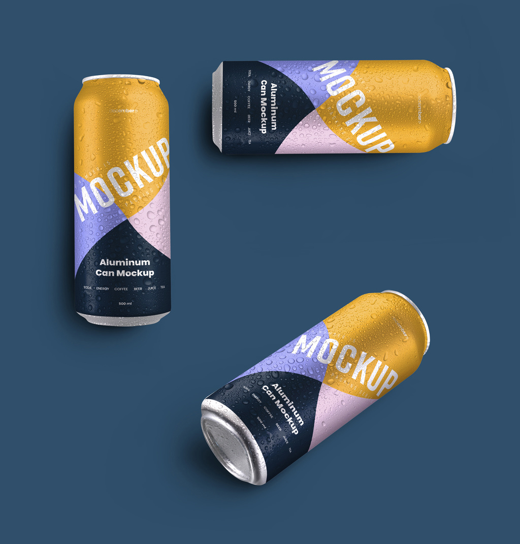 5 Aluminum Thin Can Mockups with Water Drops (PSD Format)