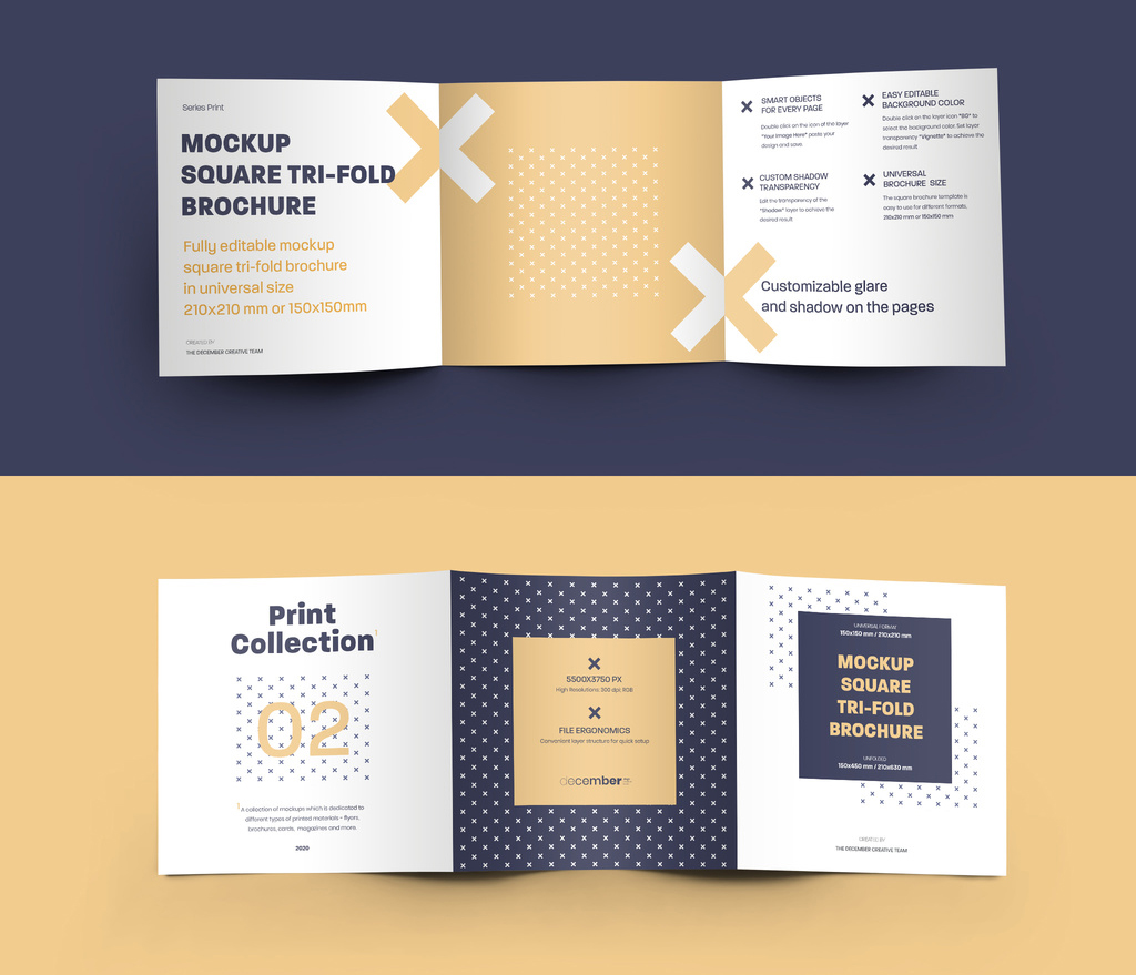 5 Mockup Set Square Tri-Fold Brochures (PSD Format)