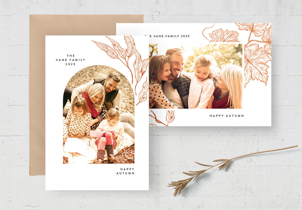 Autumn Fall Photo Card Flyer with Lineart Illustrations (PSD Format)