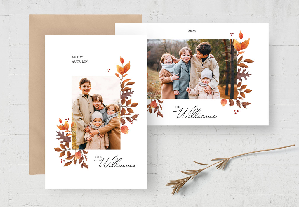 Autumn Fall Photo Card with Hand Painted Leaves (PSD Format)