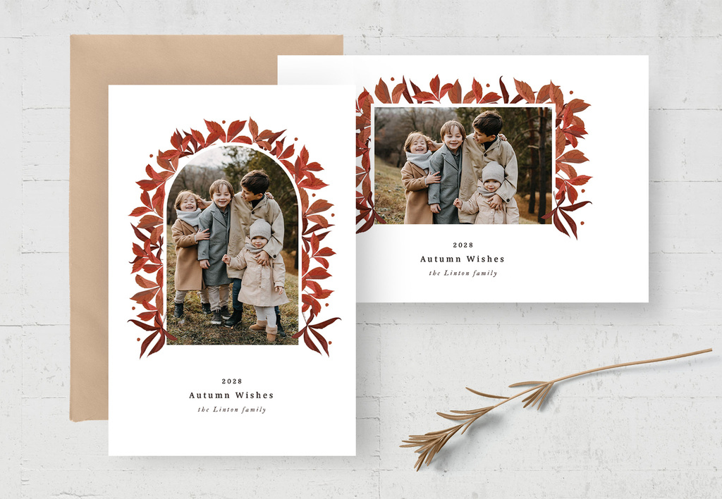 Autumn Fall Photo Card with Red Leaves (PSD Format)