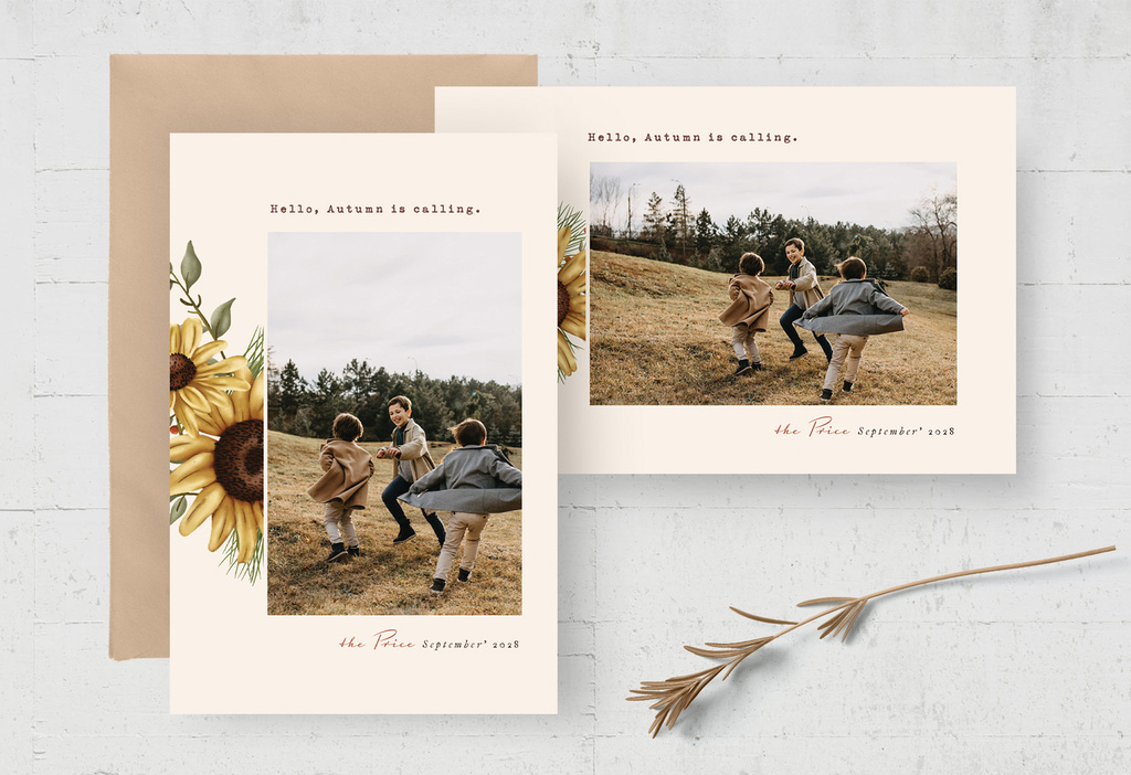 Autumn Fall Photo Card with Rustic Yellow Flower (PSD Format)