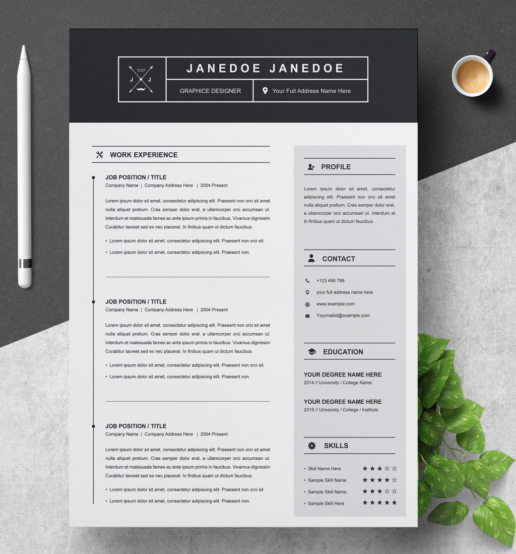 Black and Gray Resume, Cover Letter, and Reference Sheet Layout (AI Format)