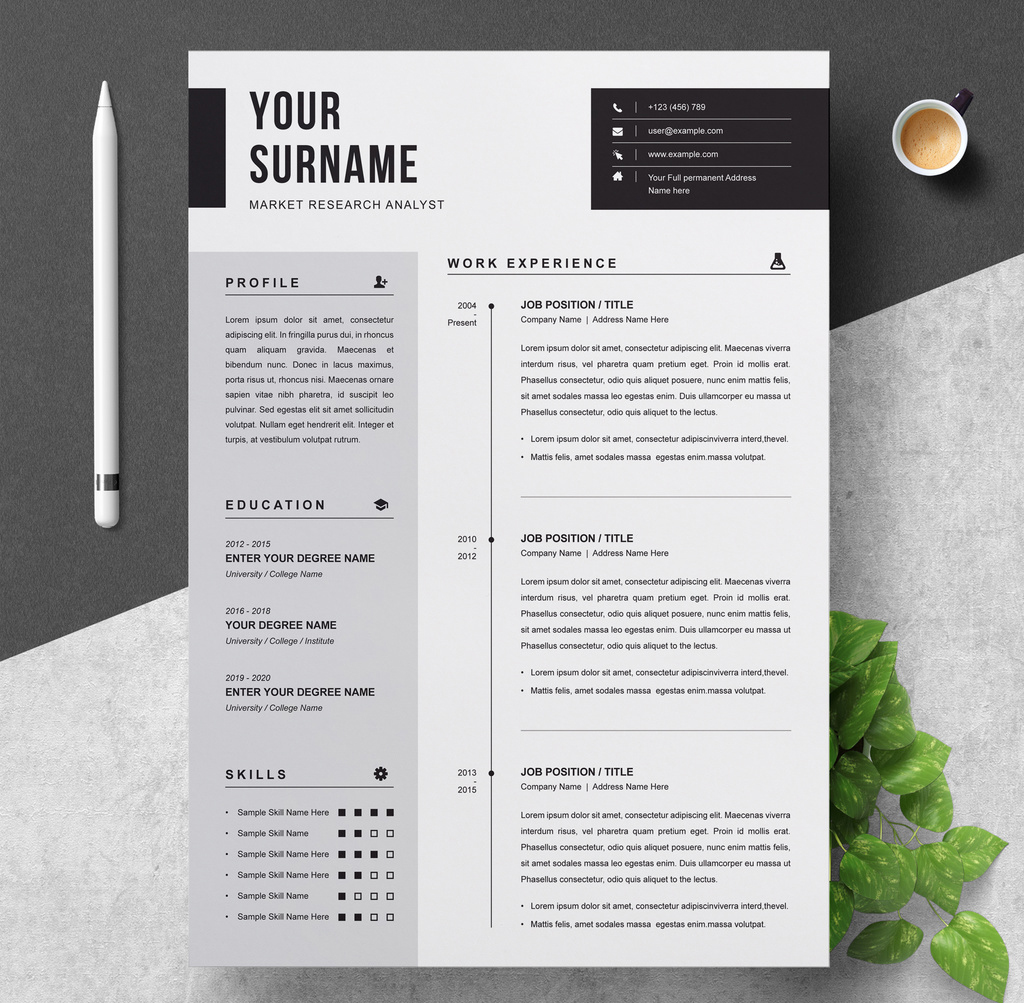 Black and White Resume and Cover Letter Layout (AI Format)