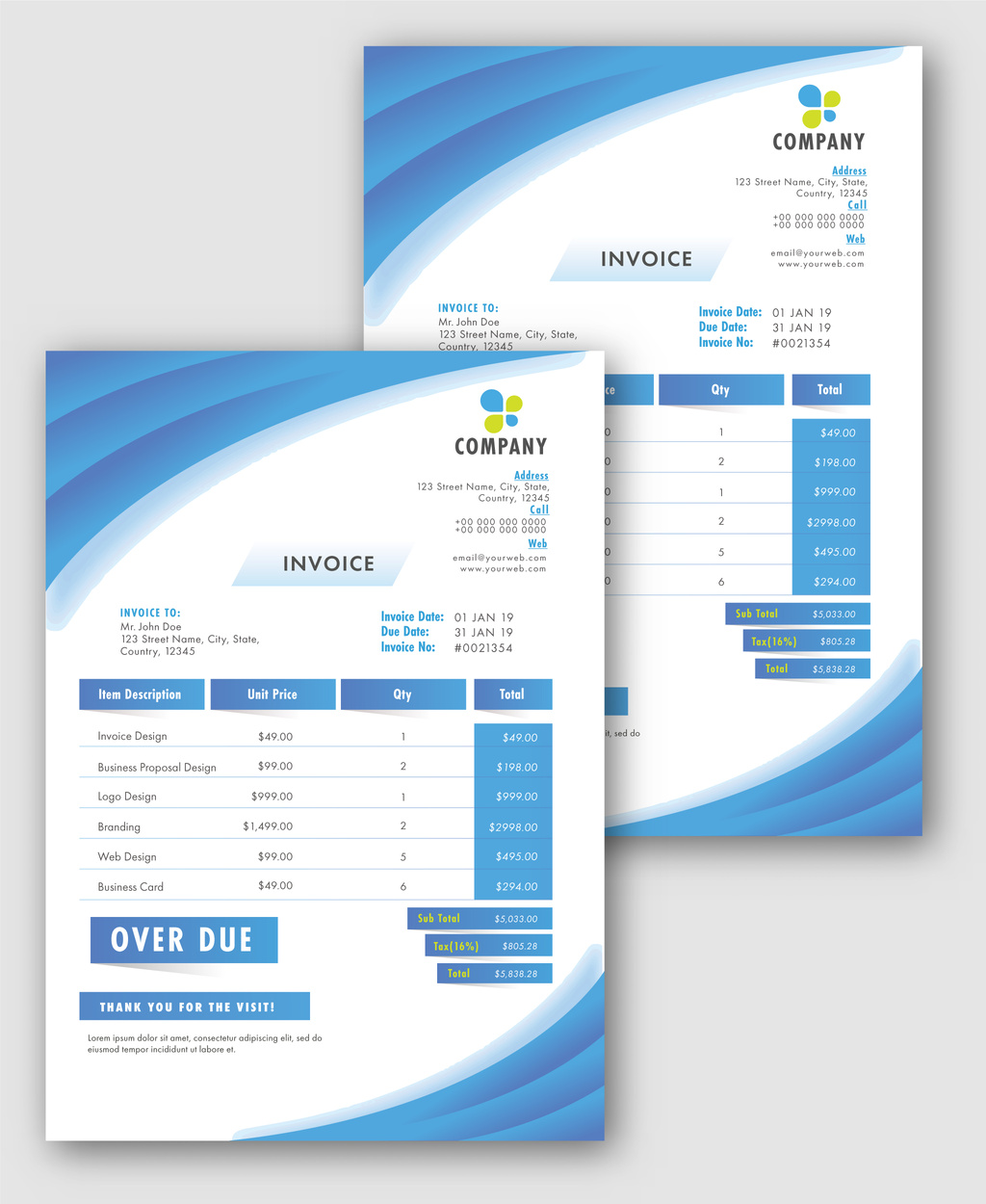 Blue and White Color Invoice Layout Design (AI Format)