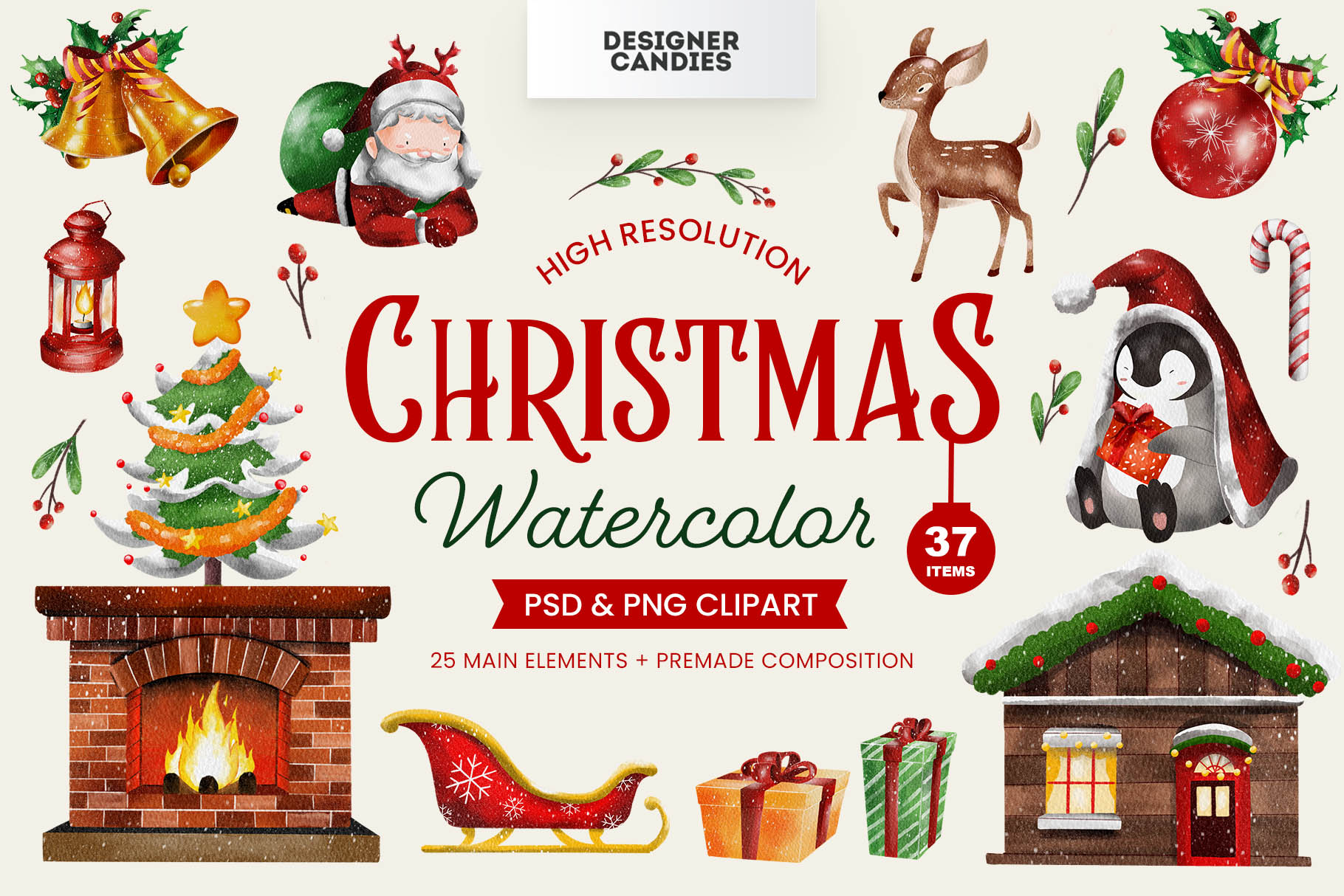 Christmas Watercolor Clipart Illustrations (PSD, PNG, JPEG Format)