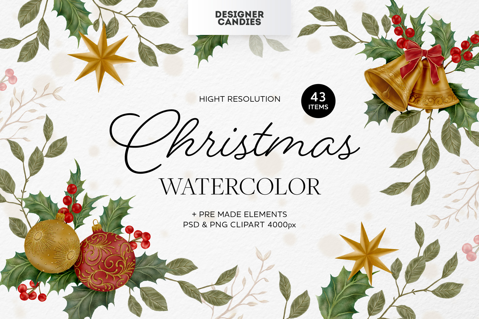 Christmas Watercolor Decorations (PSD, PNG Format)