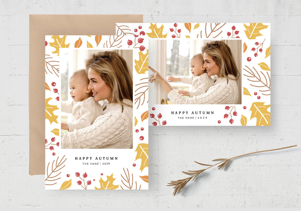 Fall Photo Card Flyer with Autumn Illustrations (PSD Format)