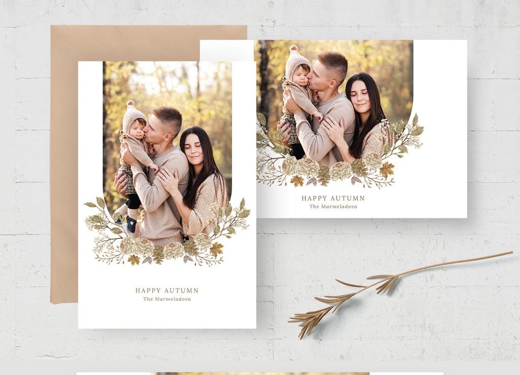 Family Photo Card Greetings Card Flyer with Rustic Flowers (PSD Format)
