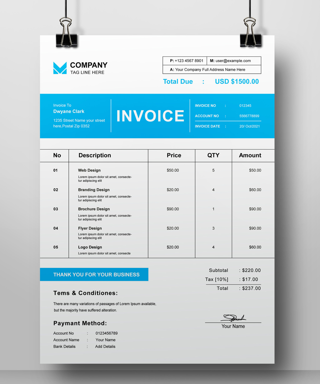 Invoice Layout with Blue Accents (AI Format)