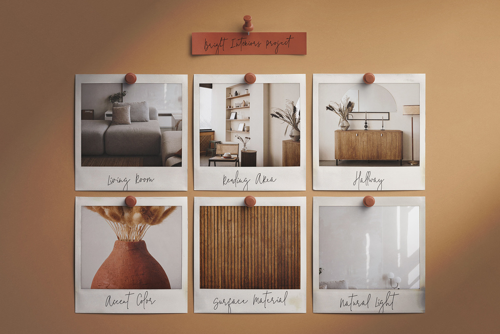 Moodboard of Six Instant Photos with Pins Mockup (PSD Format)