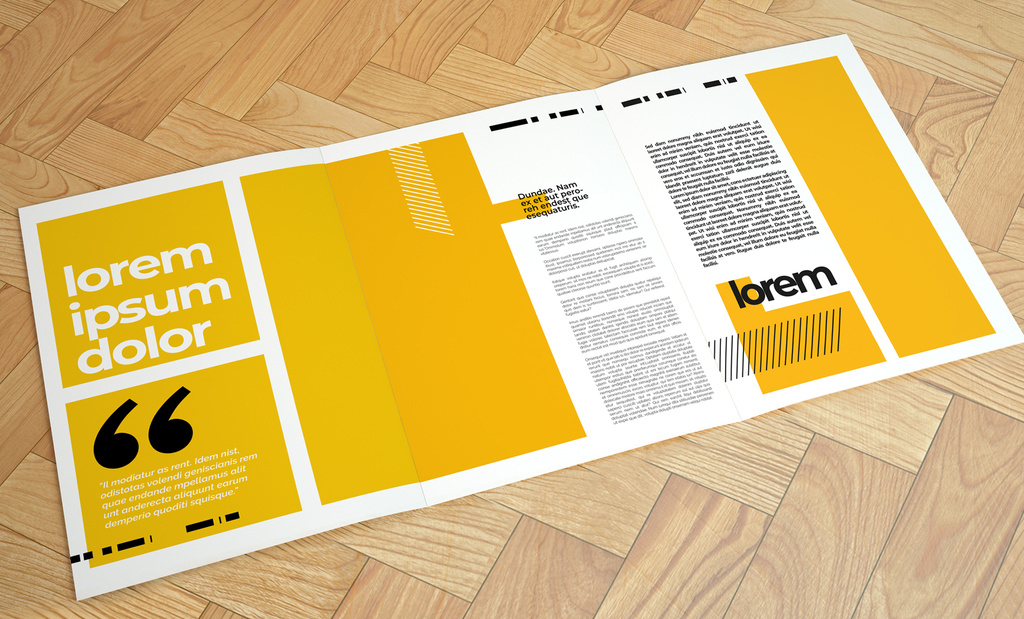 Open Trifold Brochure on a Parquet Background (PSD Format)